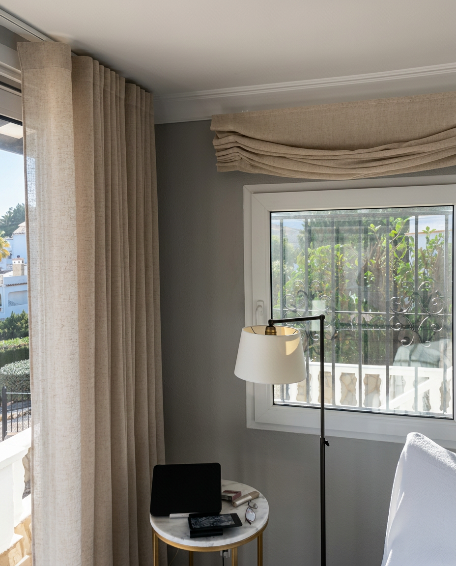 Cortinas de lino en riel de onda perfecta y estor a juego tras el home staging — Benissa